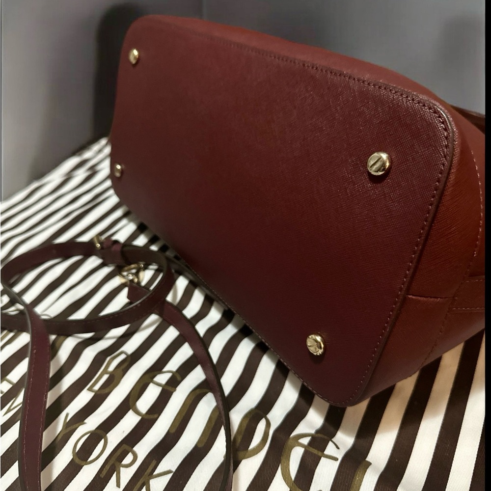 Henri Bendel NWOT Saffiano Leather Satchel & Crossbody - Burgundy + Dust Bag - Picture 5 of 17